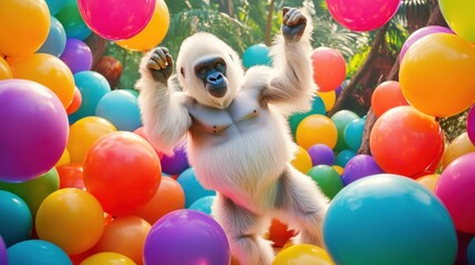 A playful white gorilla joyfully leaps amidst a vibrant explosion of colorful balloons in a lush green jungle setting.