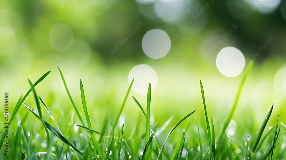 Poster close up of vibrant green grass blades with dew and bokeh background in natural sunlight : generativ