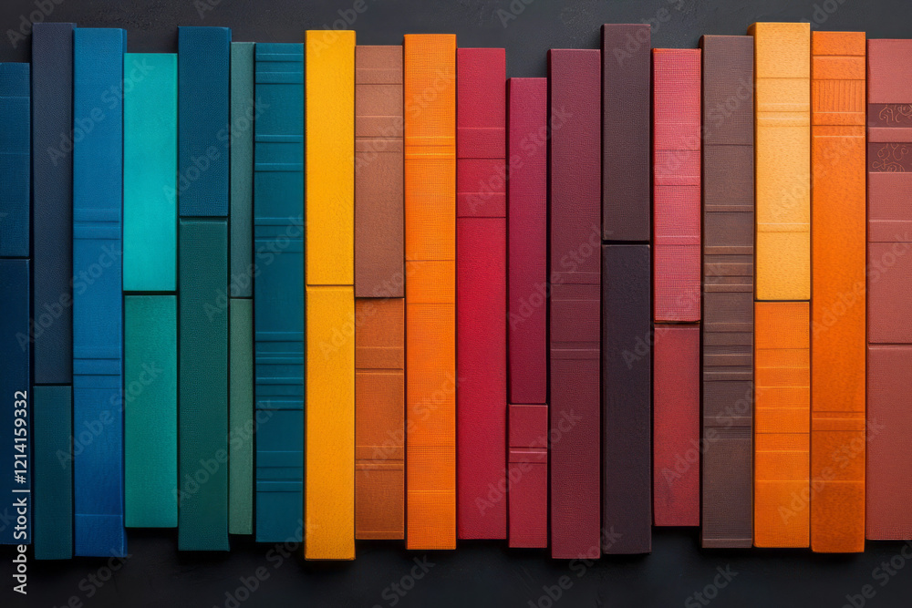 Fototapete a vibrant photograph of colorful book covers arranged in a cascading pattern, creating an eye-catchi
