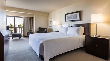 Spacious Bright Hotel Room with Cozy Ambiance and Large Windows : Generative AI