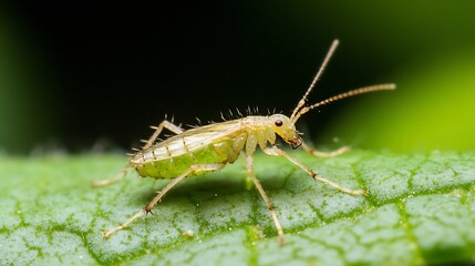 Extreme CloseUp of a Pale Green Insect Perched on Leaf with Fine Detailing of Texture and Color : Generative AI