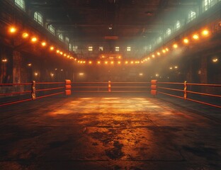 Intense boxing match preparation abandoned arena sports photography urban setting atmospheric lighting competitive spirit