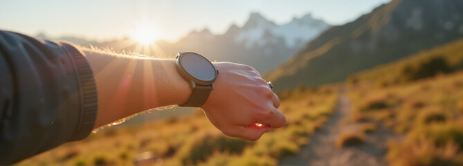 Smartwatch in running position against mountain sunset