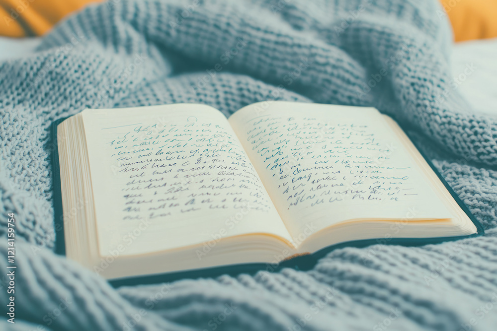 Aufkleber a serene photograph of an open diary with elegant handwriting and delicate sketches, surrounded by s