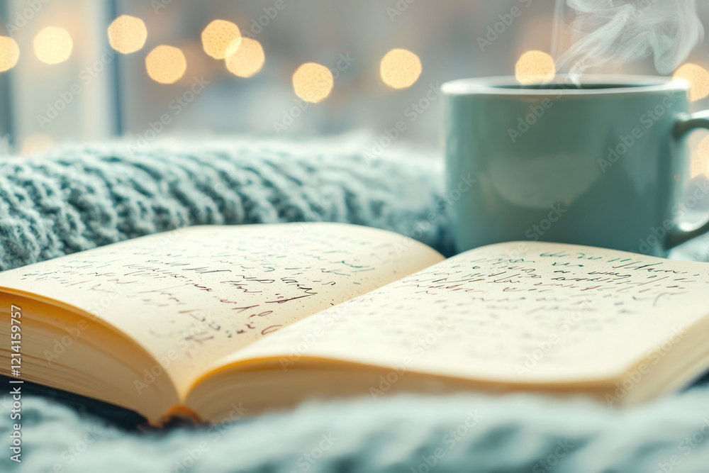 Aufkleber a serene photograph of an open diary with elegant handwriting and delicate sketches, surrounded by s