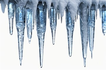Fototapeta premium Icicles hanging against a white background with frost and melting water droplets in a winter scene