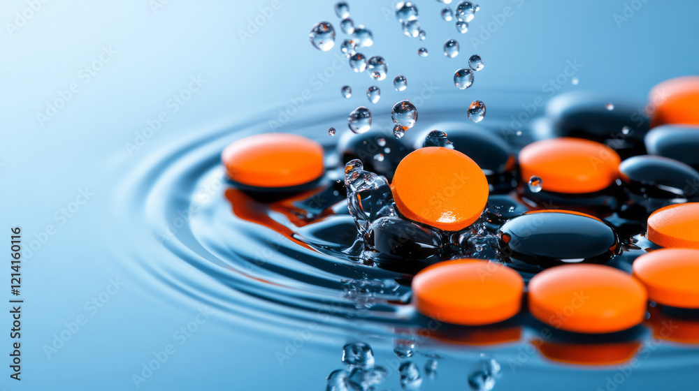 Leinwandbilder A detailed macro image of sparkling effervescent tablets dissolving in water, with bubbles and ripples creating an engaging and dynamic background effect,