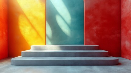 Obraz premium Minimalist staircase with vibrant red and blue walls