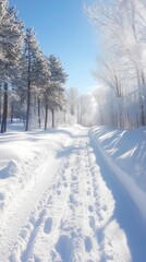Obraz premium A tranquil winter pathway lined with snow-laden trees, inviting a peaceful walk under a clear blue sky