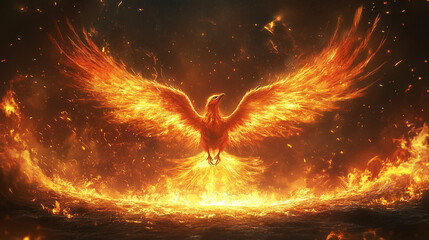 Majestic fiery phoenix rising from flames in an artistic representation