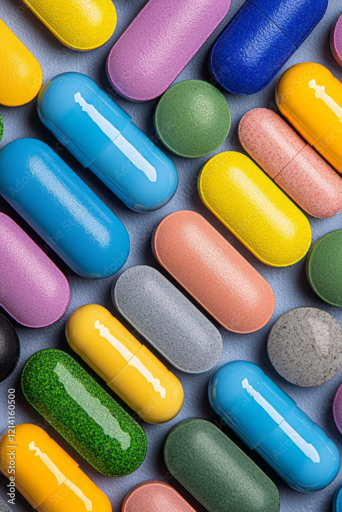Fototapete A high-resolution macro shot of multicolored pills arranged in geometric shapes, set against a subtle gradient background to enhance their visual appeal,