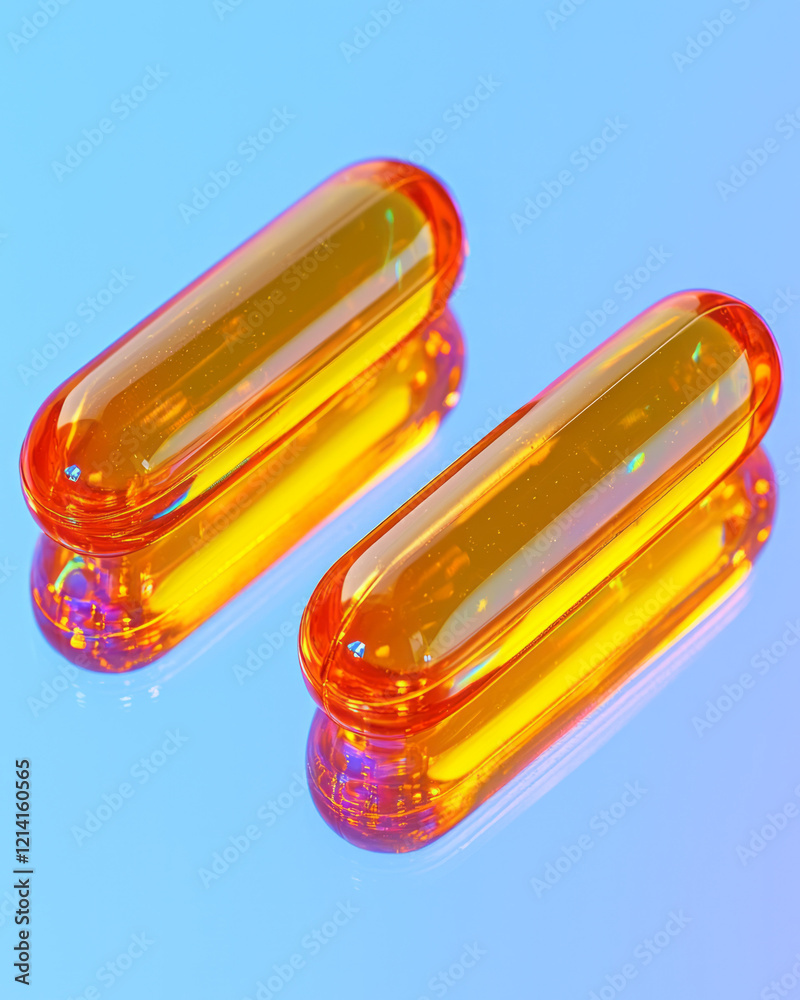 Poster an elegant macro image of cbd oil capsules placed gracefully on a reflective surface, with soft ligh
