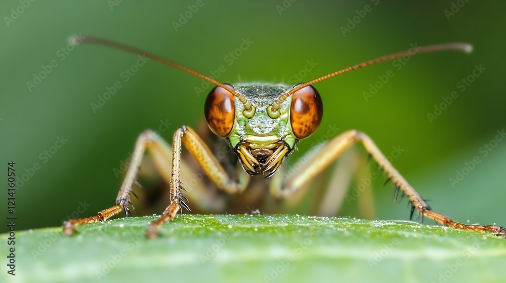 Poster closeup of praying mantis on leaf with vibrant green background : generative ai