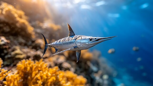Oceanic needlefish swims near coral reef