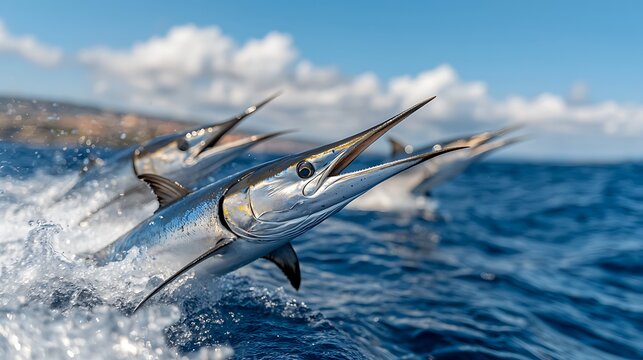Oceanic billfish leaping, island backdrop, marine wildlife, sport fishing