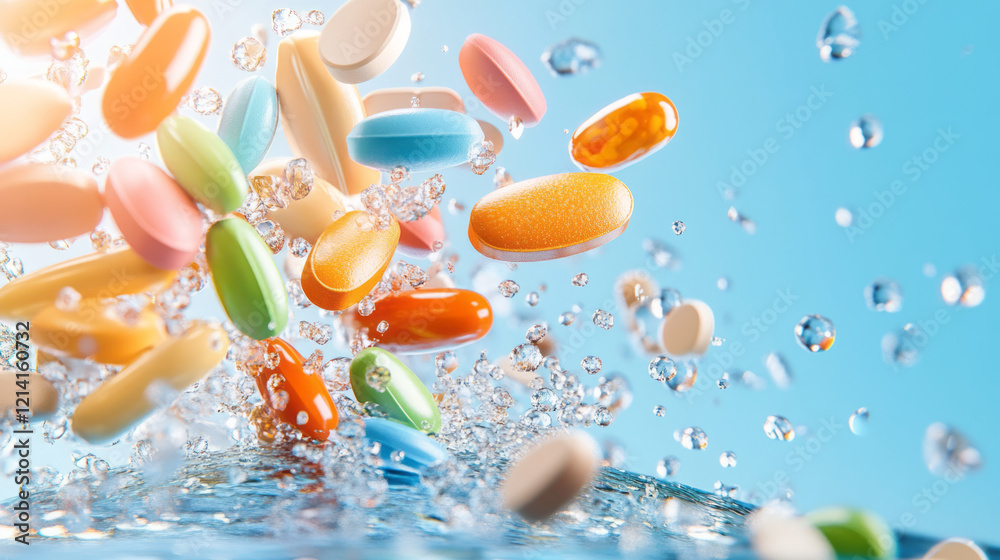 Poster A dynamic close-up photograph of vitamins and minerals pills cascading down a glass surface, capturing motion and vibrant colors in a single frame,