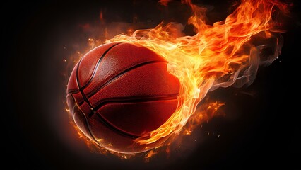 Fototapeta premium A flaming basketball floats in the air, surrounded by bright flames against a black background. The image captures the essence of intensity and passion for the sport, symbolizing energy and excitement