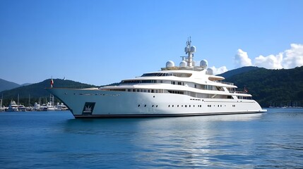 Majestic White Superyacht Anchored in Blue Harbor with Mountain Views : Generative AI