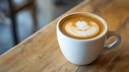 Warm and Cozy Latte Art Coffee on Rustic Wooden Café Table in Morning Light : Generative AI