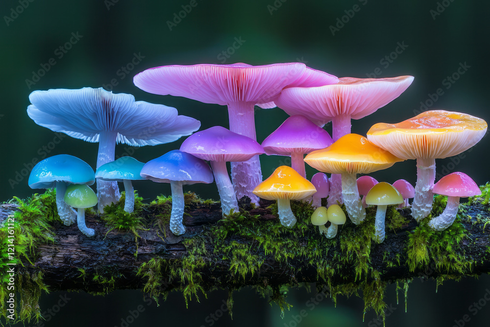 Poster a vibrant close-up photograph of colorful wild mushrooms arranged on a moss-covered log, with soft n