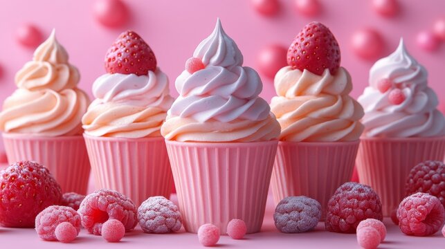 Pink cupcakes with raspberries and whipped cream