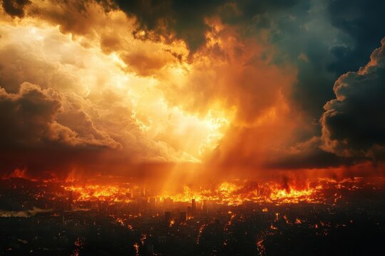 biblical destruction scene cities ablaze under sulfur rain, dramatic stormy sky, divine light breaking through clouds