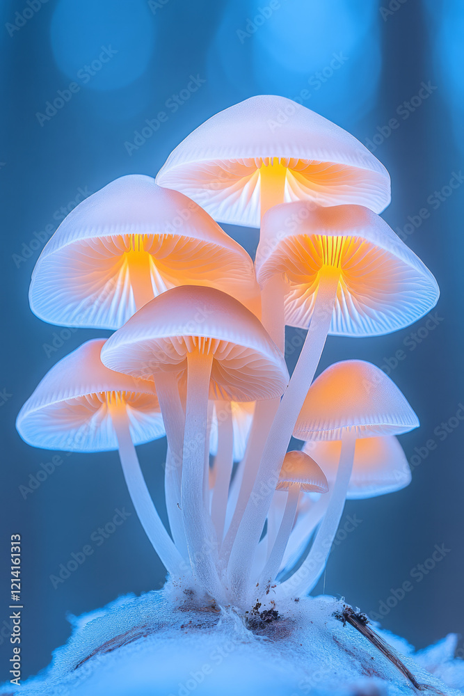 Poster An artistic macro shot of a cluster of delicate fairy mushrooms with translucent caps, set against a blurred forest background to create a dreamy atmosphere,