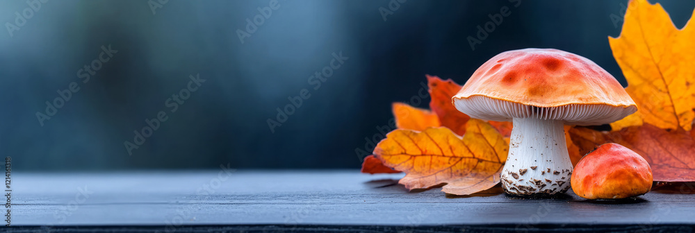 Poster A detailed close-up of a single porcini mushroom with its rugged stem and textured cap, placed on a rustic wooden surface with autumn leaves in the background,