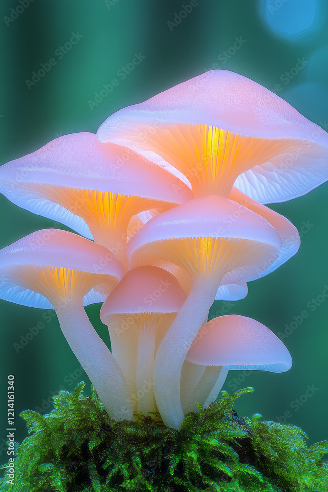 Aufkleber an artistic macro shot of a cluster of delicate fairy mushrooms with translucent caps, set against a