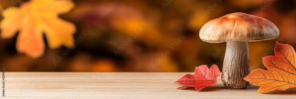 Poster A detailed close-up of a single porcini mushroom with its rugged stem and textured cap, placed on a rustic wooden surface with autumn leaves in the background,