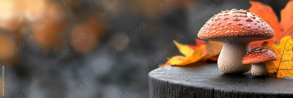 Poster A detailed close-up of a single porcini mushroom with its rugged stem and textured cap, placed on a rustic wooden surface with autumn leaves in the background,