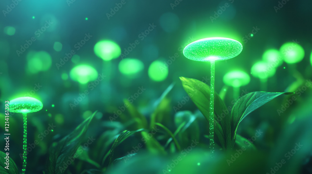 Poster a serene macro photograph of bioluminescent mushrooms glowing softly in the dark, surrounded by lush