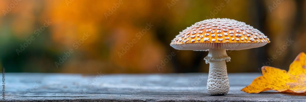 Poster A detailed close-up of a single porcini mushroom with its rugged stem and textured cap, placed on a rustic wooden surface with autumn leaves in the background,