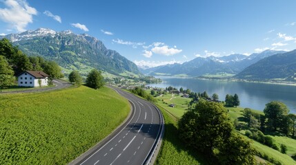 Fototapeta premium Serene mountain lake road landscape