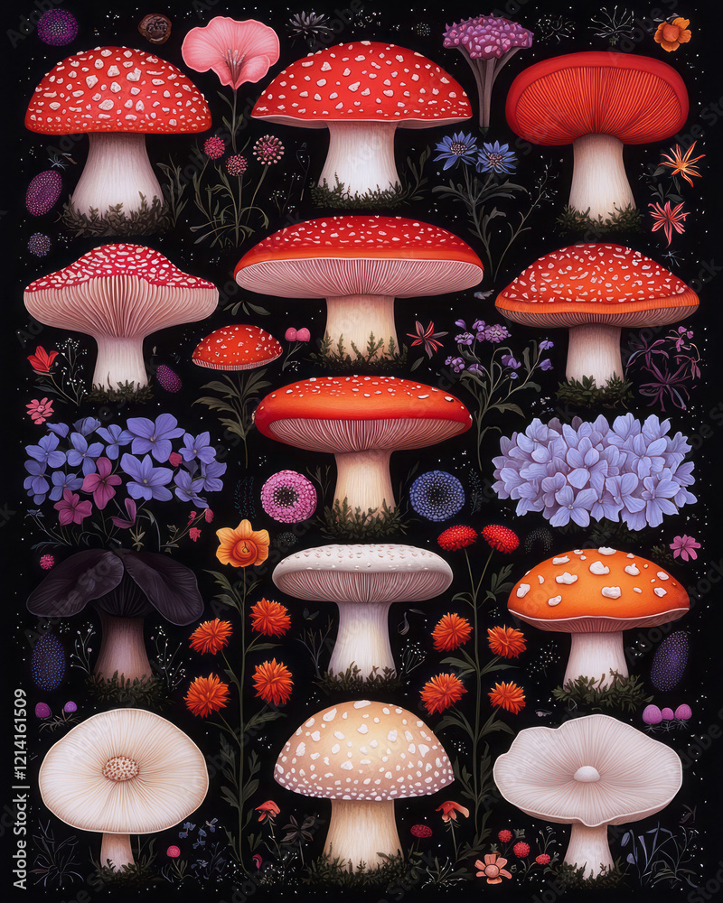 Poster a creative close-up of colorful toadstools arranged in a symmetrical pattern on a vibrant floral bac