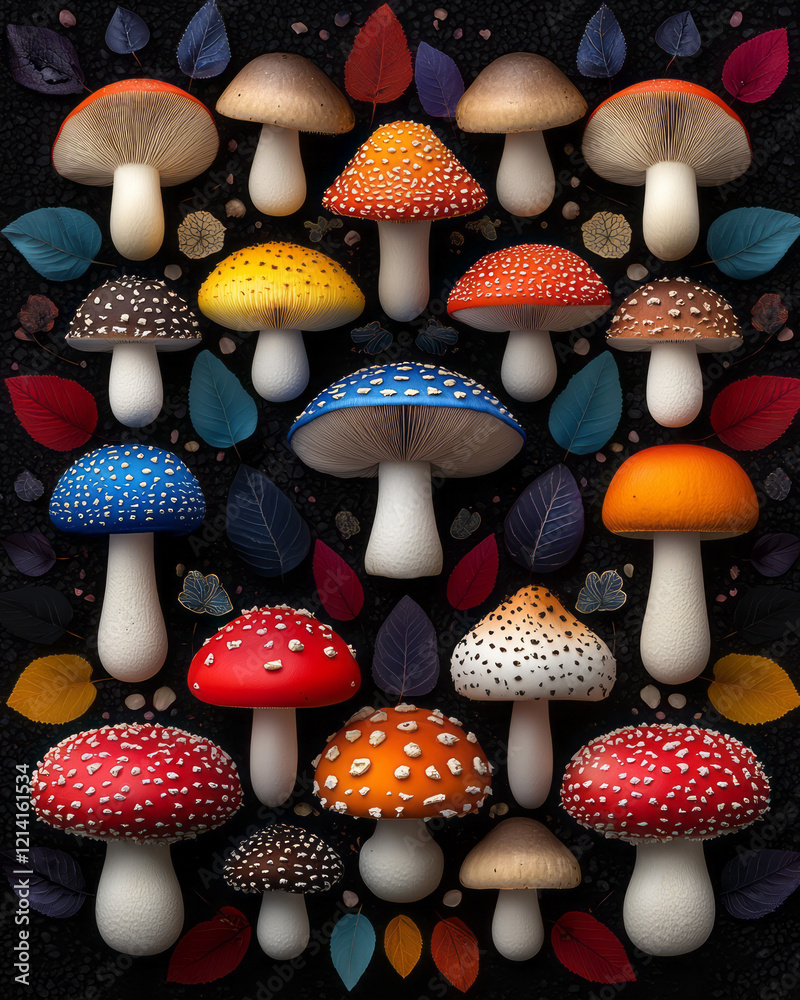 Poster a creative close-up of colorful toadstools arranged in a symmetrical pattern on a vibrant floral bac