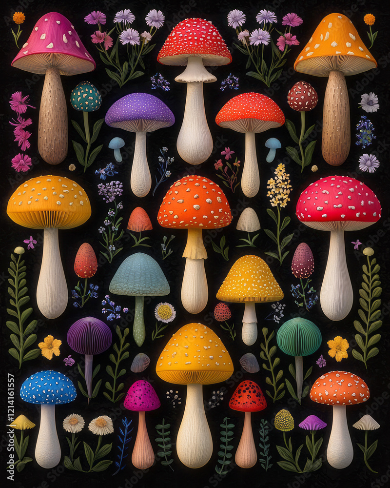 Aufkleber a creative close-up of colorful toadstools arranged in a symmetrical pattern on a vibrant floral bac