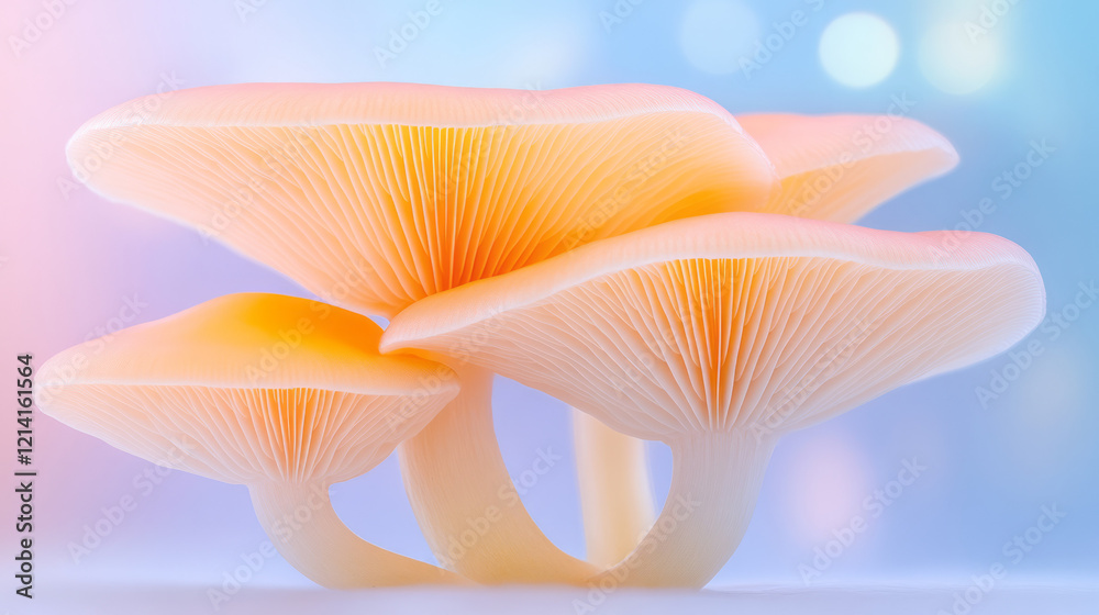 Poster a high-resolution macro shot of intricate mushroom gills and spores, showcasing the detailed anatomy