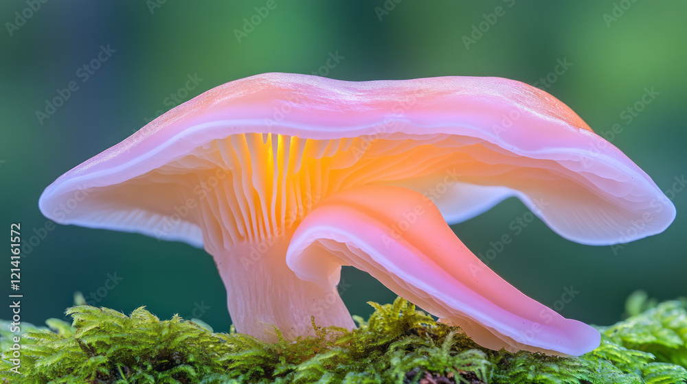 Poster a high-resolution macro shot of intricate mushroom gills and spores, showcasing the detailed anatomy