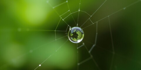 A stunning dewdrop suspended in a spider's web captures intricate reflections of greenery in the early morning light, creating a serene and enchanting moment in nature