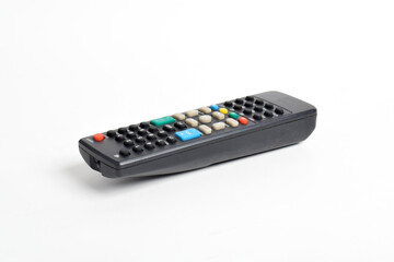 Black TV remote control isolated on white background