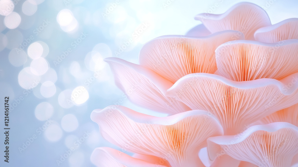 Poster a high-resolution macro shot of intricate mushroom gills and spores, showcasing the detailed anatomy