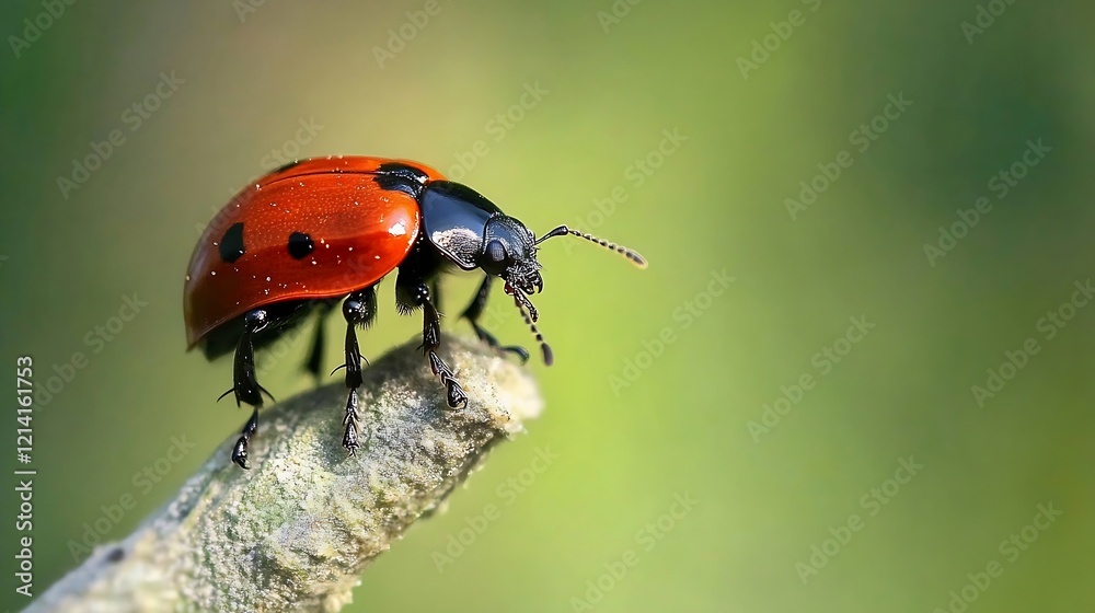 Poster brilliant red ladybug perched on green stick against lush background : generative ai