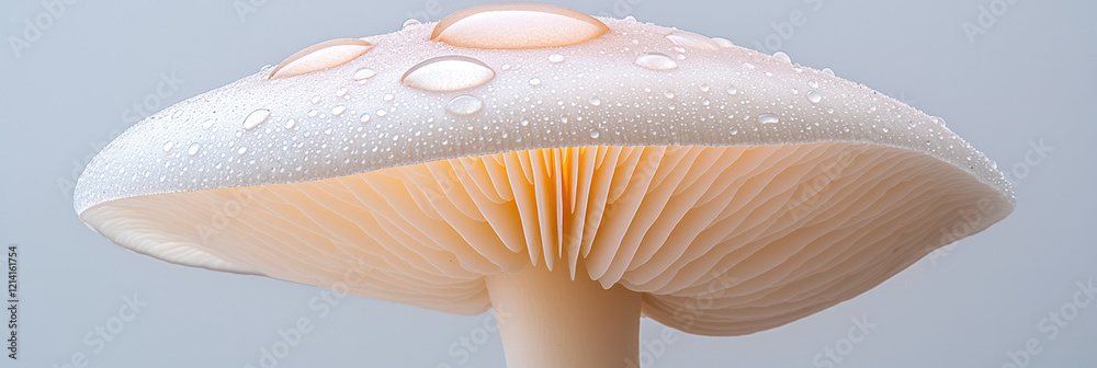 Poster a minimalist close-up of a white button mushroom with water droplets on its cap, set against a clean
