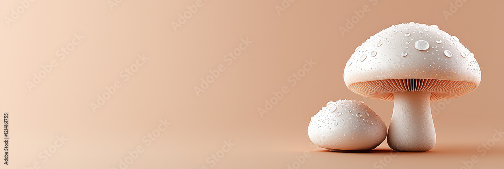 Aufkleber A minimalist close-up of a white button mushroom with water droplets on its cap, set against a clean, light-colored background to highlight its simplicity and elegance,