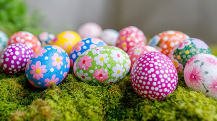 Naklejka premium Close up of brightly colored painted easter eggs on moss for festive decoration