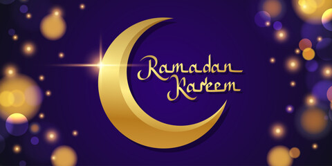 Fototapeta premium Ramadan Kareem banner. Muslim holy month greetings. Gold crescent moon. Hand lettering and blurred bokeh lights. Vector illustration.