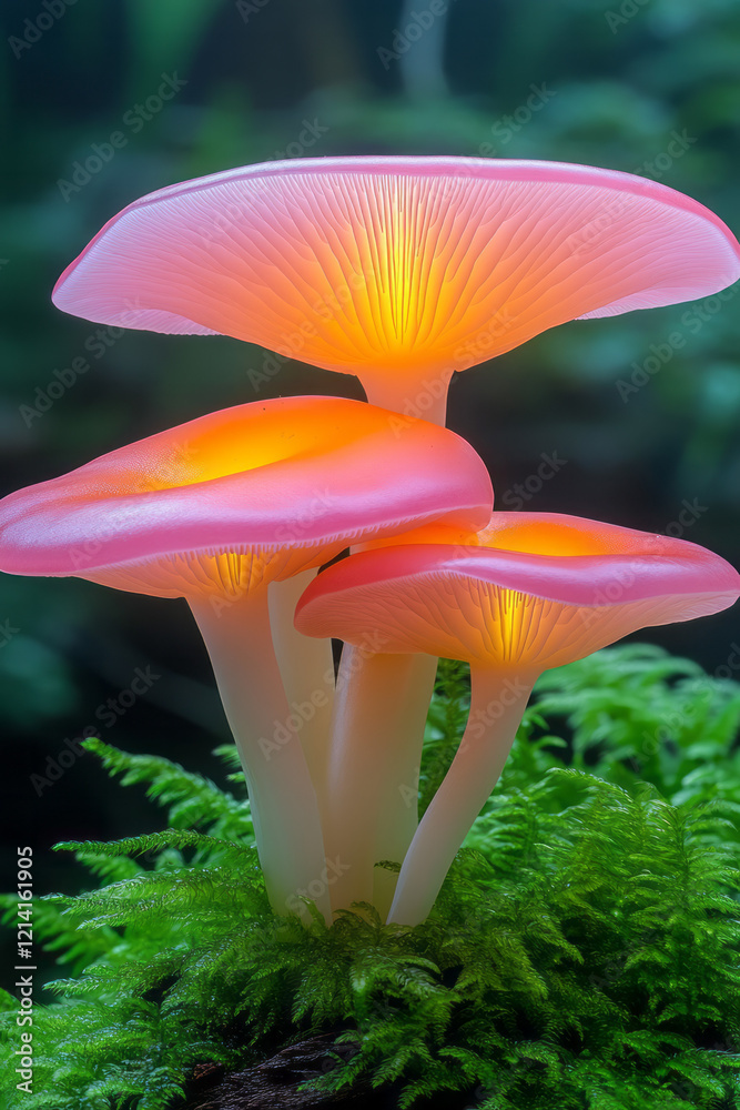 Poster a vibrant close-up of exotic mushrooms with bright red and orange hues, set against a soft green bac