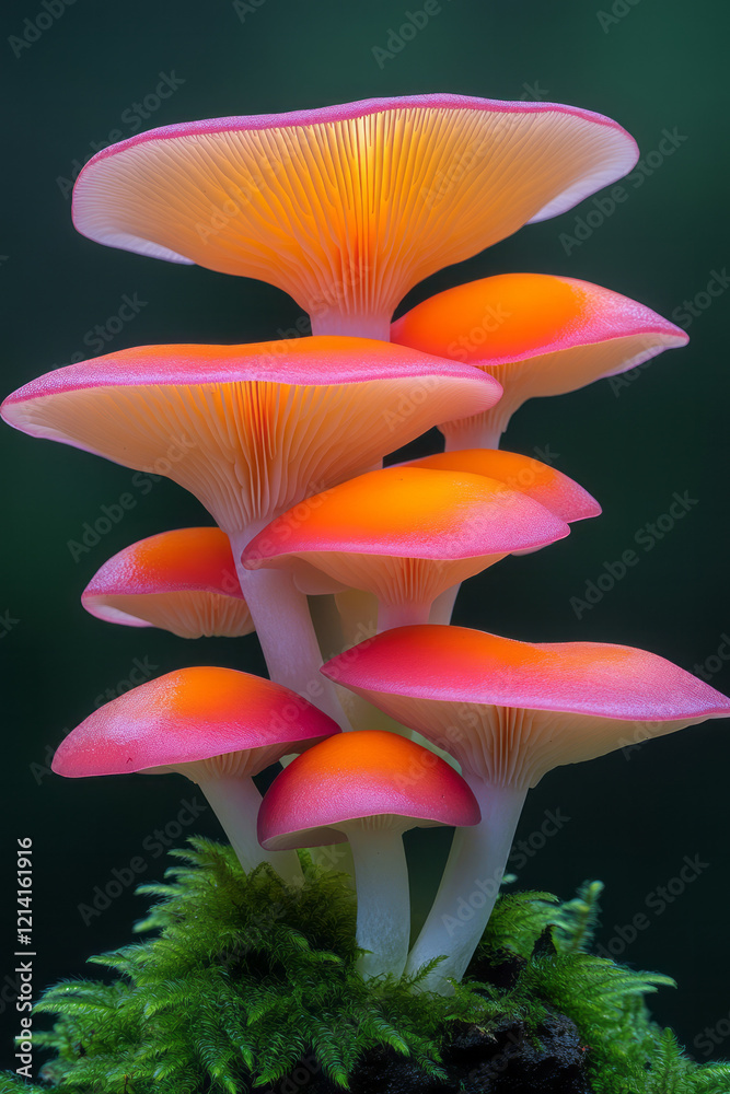 Poster a vibrant close-up of exotic mushrooms with bright red and orange hues, set against a soft green bac