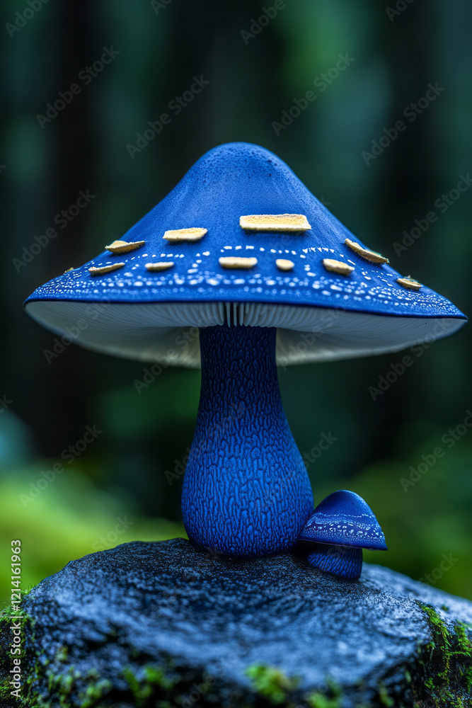 Fototapete A detailed macro photograph of a rare blue mushroom with unique patterns on its cap, placed on a textured stone surface with a blurred forest backdrop,
